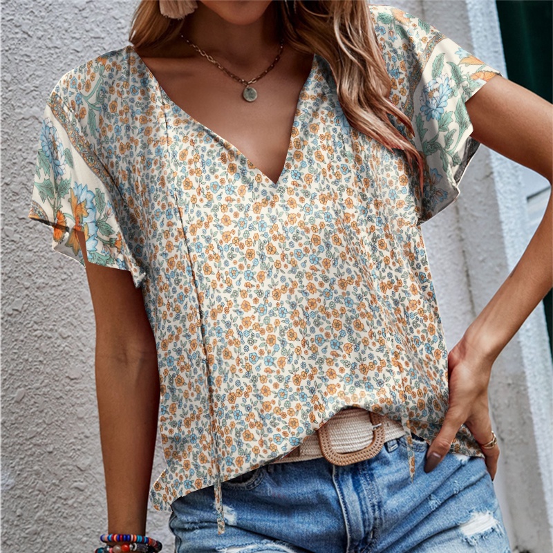 Áo kiểu nữ ZANZEA cổ V tay xếp nếp in hoa thời trang