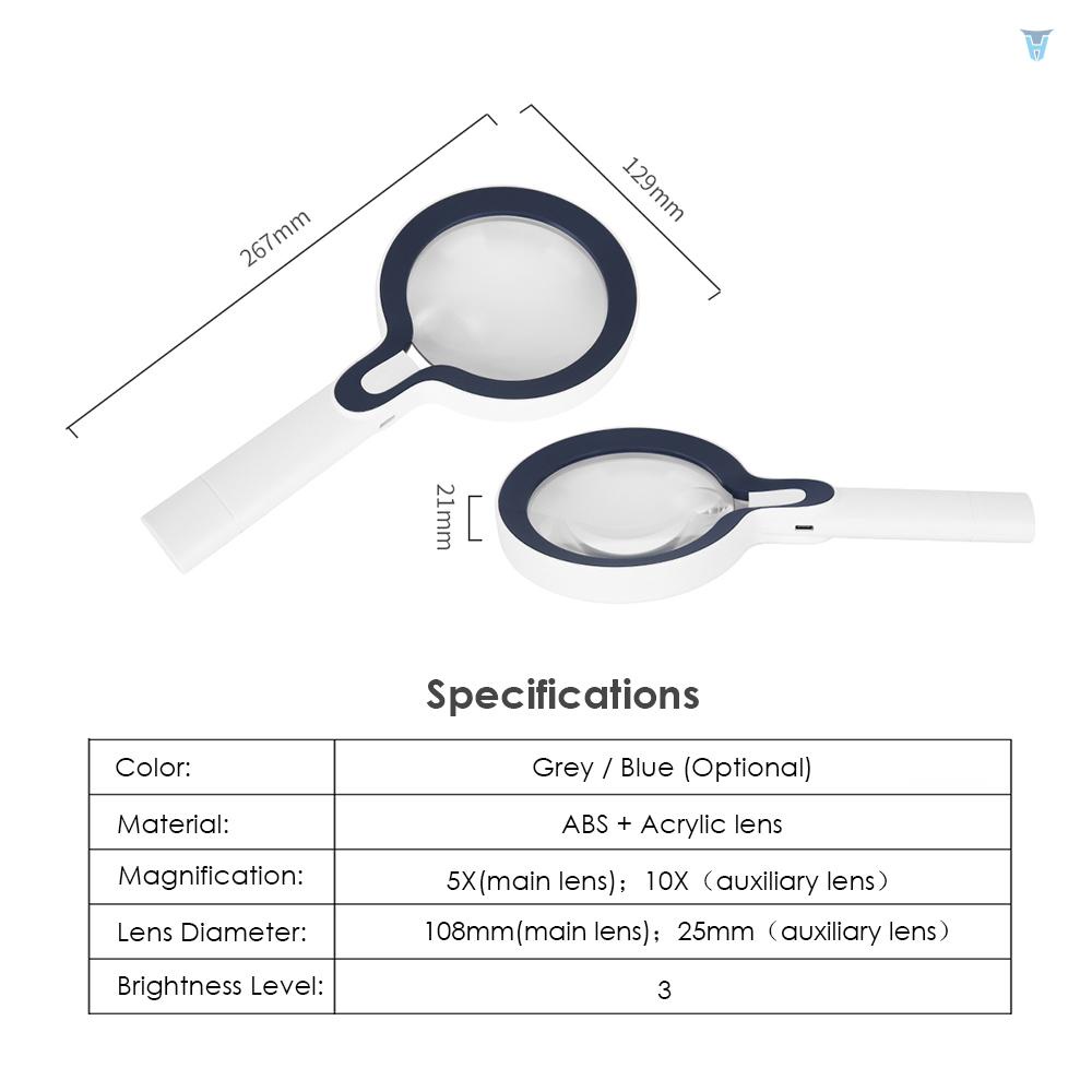 Kính Lúp Cầm Tay 10X &amp; 5X Đường Kính Lớn 3 Mức Độ Sáng Dùng Sửa Chữa Đọc Sách