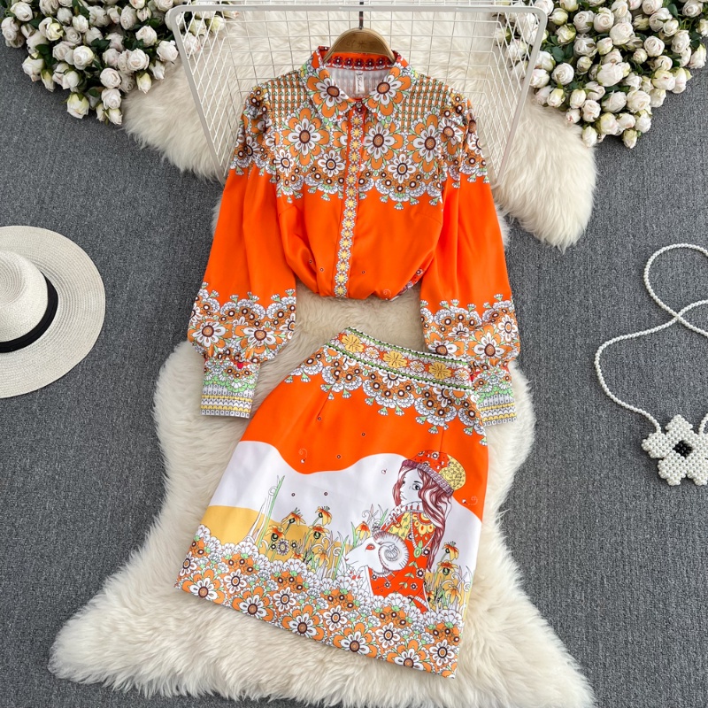 Set Áo Sơ Mi Dài Tay Họa Tiết Vintage + Chân Váy Ngắn Lưng Cao Thời Trang Nữ