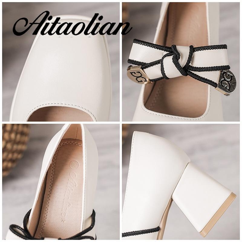 Giày Cao Gót 5Cm Da Mềm Mũi Vuông Phong Cách retro Anh Quốc