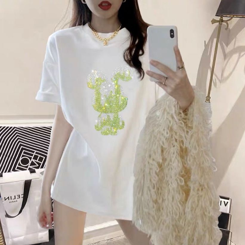 Áo Thun Tay Ngắn Dáng Rộng Bằng Vải Cotton Màu Trắng Trơn In Hình Thỏ Đính Đá Thời Trang Mùa Hè Phong Cách Mới Cho Nữ
