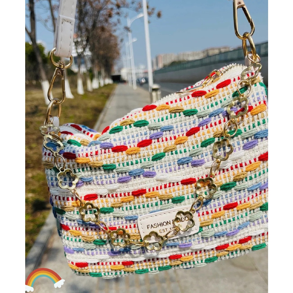 Túi Đeo Vai Đan Len Màu Tương Phản Thời Trang Phong Cách Mới Cho Nữ