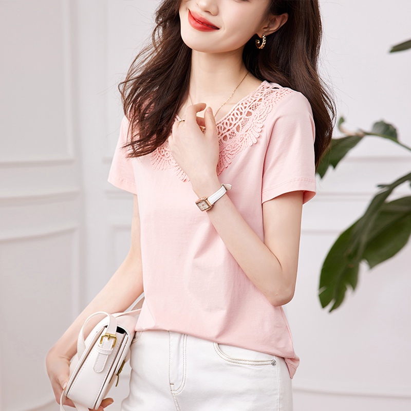 Áo Thun Tay Ngắn Phối Ren Rỗng Đa Năng Phong Cách Mới Mùa Hè Cho Nữ JJ