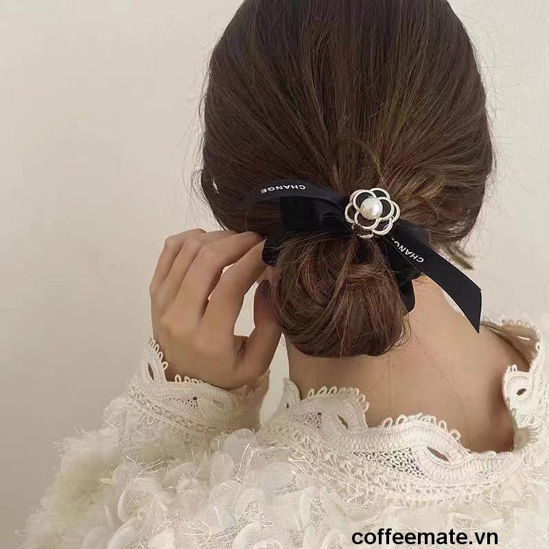 ⚡Dây Buộc Tóc Vải Satin Đính Nơ Ngọc Trai Nhân Tạo Phong Cách Hàn Quốc