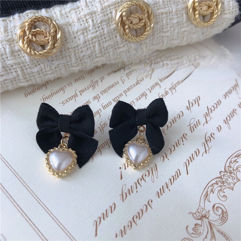 Bông Tai Hình Nơ / Trái Tim Bằng Nhung Đen Đính Ngọc Trai Thời Trang Lãng Mạn Cho Nữ