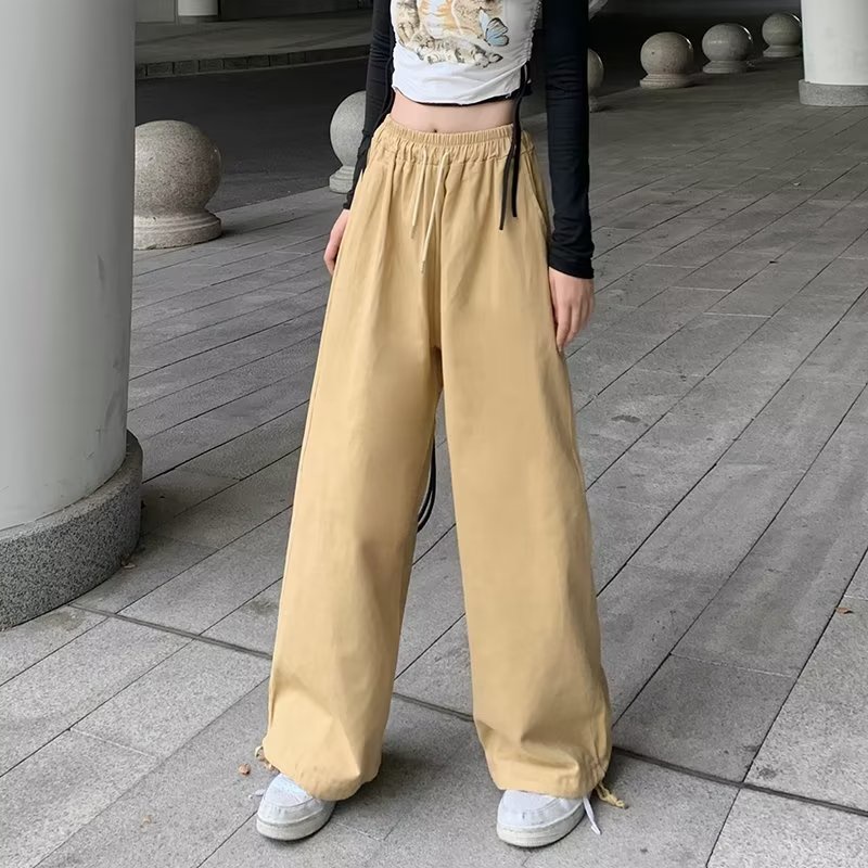 Quần Kaki Ống Rộng Lưng Cao Màu Đen Trơn Phong Cách Retro Nhật Bản Cho Cặp Đôi