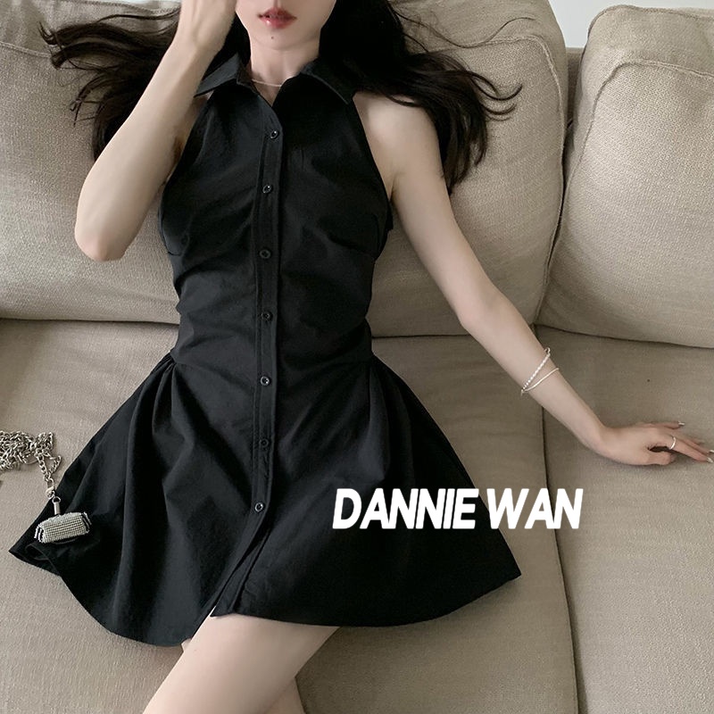 DannieWan chân váy váy polo nữ đầm hở vai váy sơ mi A22M1OH