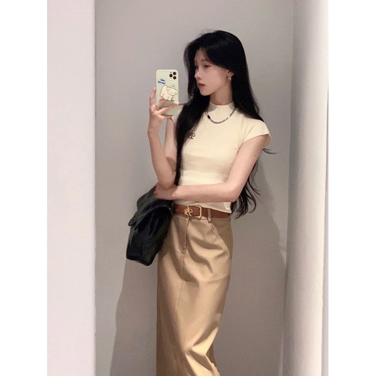 [F &amp; X] Chân Váy Midi Dệt Kim Lưng Cao Vừa Vặn Tay Ngắn Cổ Cao Ôm Dáng Phong Cách Hong Kong Độc Đáo Mùa Hè Cho Nữ