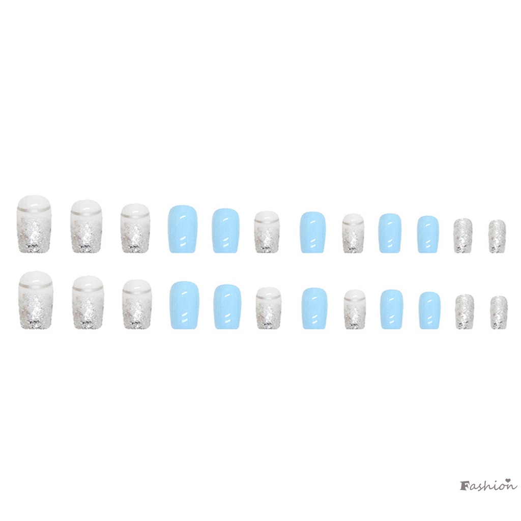 Móng Tay Giả Hình Vuông Đính Kim Sa Lấp Lánh Màu Xanh Da Trời