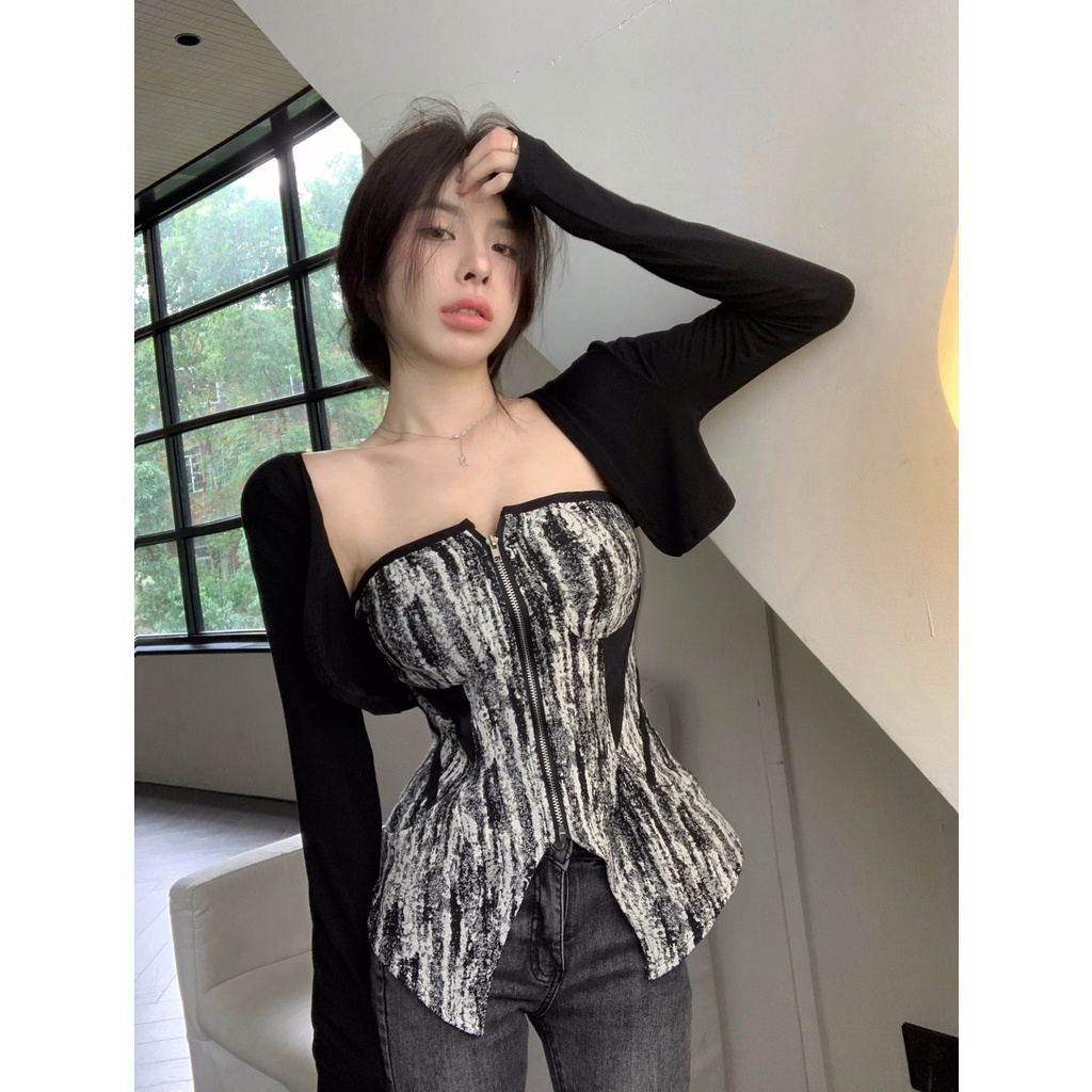 Set Áo Ống Màu Đen + Khăn Choàng Cổ Phong Cách Retro Mỹ Cho Nữ