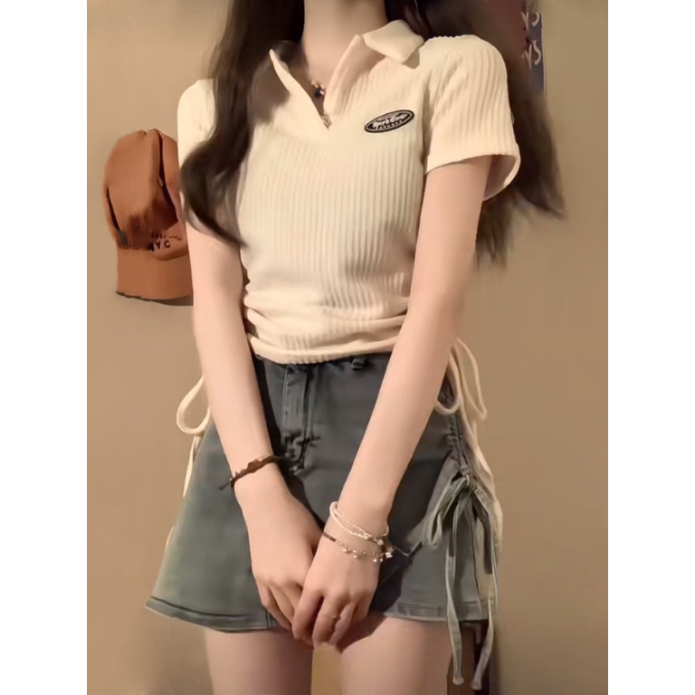 Áo Thun baby tee croptop nữ Ngắn Tay Cổ Chữ v Phối Dây Rút Phong Cách Mỹ Thời Trang Mùa Hè Mới 2023 Cho Nữ