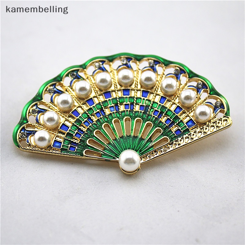 Kamembelling Trâm Cài Áo Hình Quạt Tráng Men Đính Kim Cương Ngọc Trai Giả Vintage Thời Trang Cho Nữ