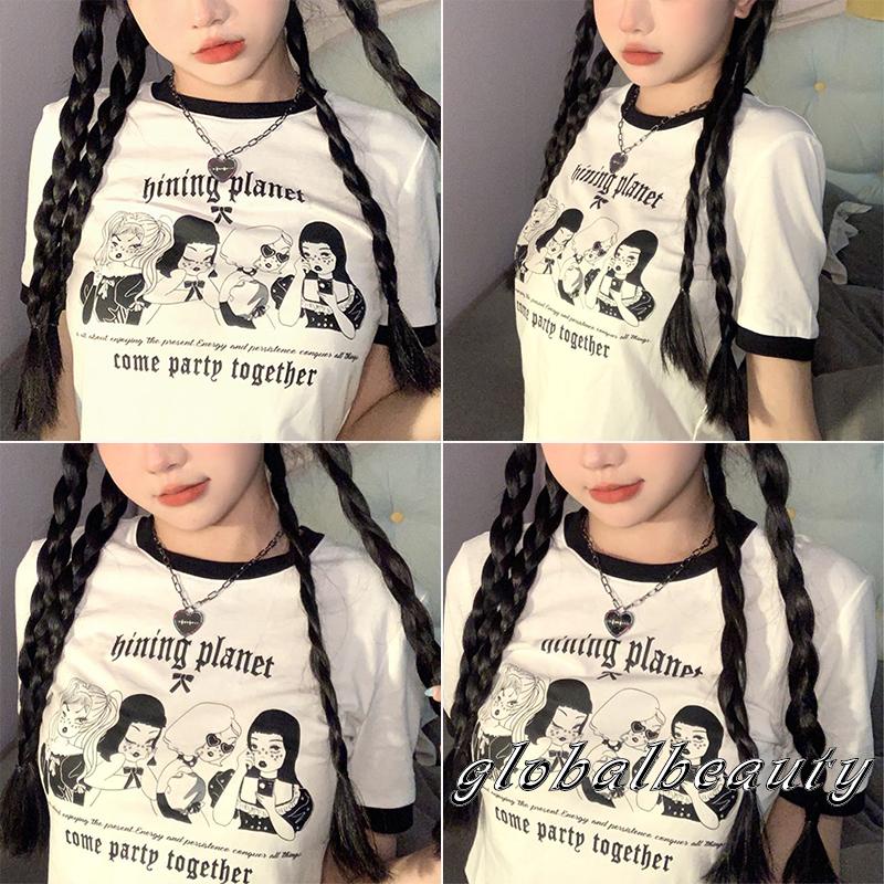 Áo Thun Crop Top Tay Ngắn Cổ Tròn In Họa Tiết Hoạt Hình Thời Trang Mùa Hè Cho Nữ