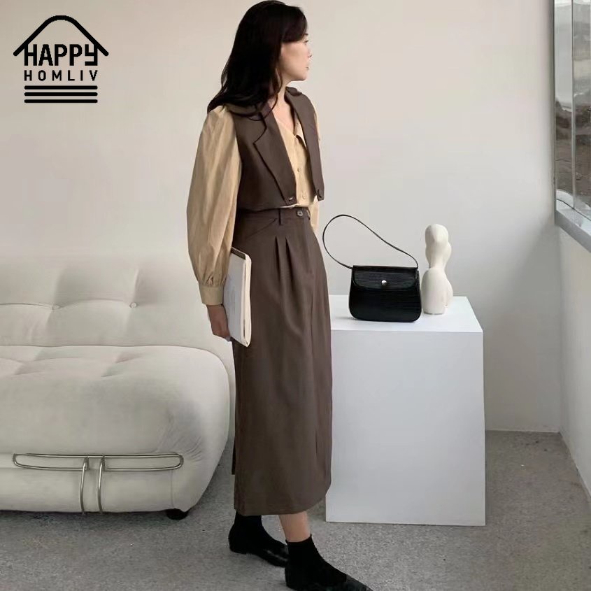 HAPPY HOMLIV Bộ Áo Sơ Mi Tay Phồng + Áo Vest Ngắn Cài Một Hàng Nút + Chân Váy Hàn Quốc Nữ