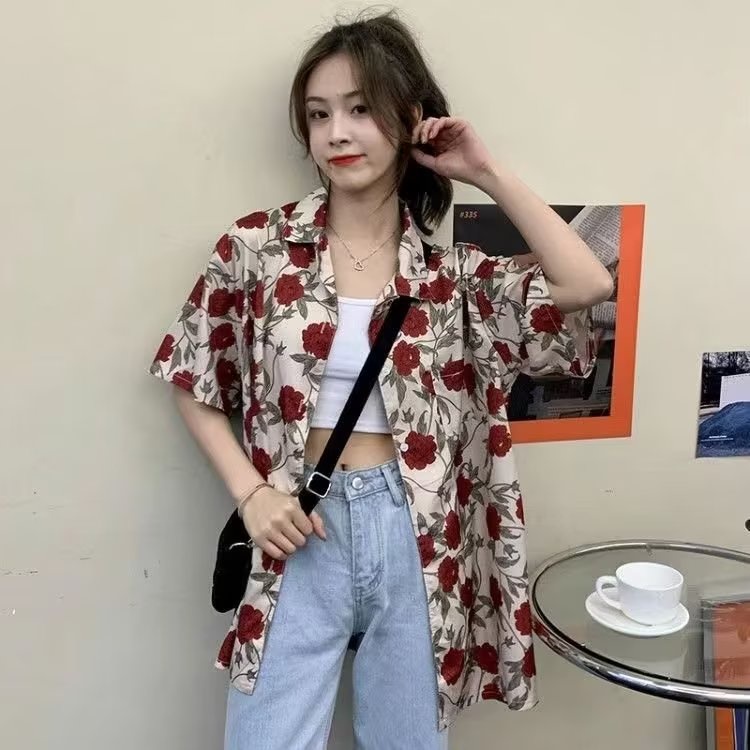 Áo Sơ Mi Tay Ngắn In Họa Tiết Hoa Hồng Phong Cách Nhật Bản Thời Trang Mùa Hè Cho Nữ