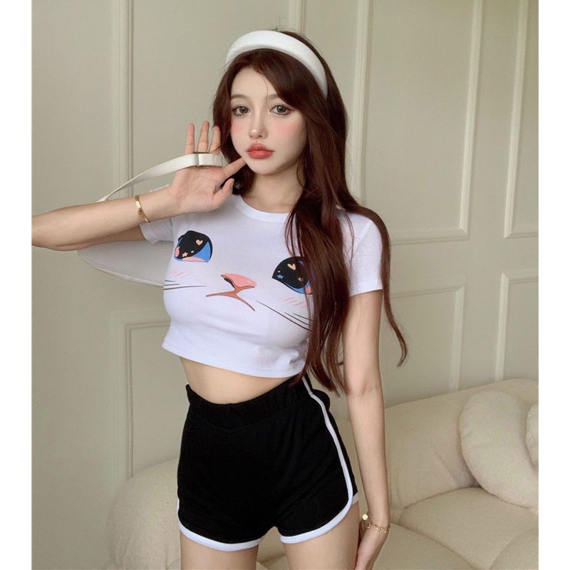 Set Áo baby tee Thun croptop Ngắn Tay + Quần Short Thể Thao Thời Trang Mùa Hè Cho Nữ