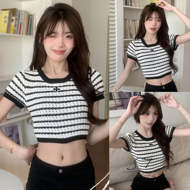 Áo Thun Dệt Kim Tay Ngắn Cổ Tròn Thêu Họa Tiết Kẻ Sọc Thời Trang Mùa Hè Cho Nữ