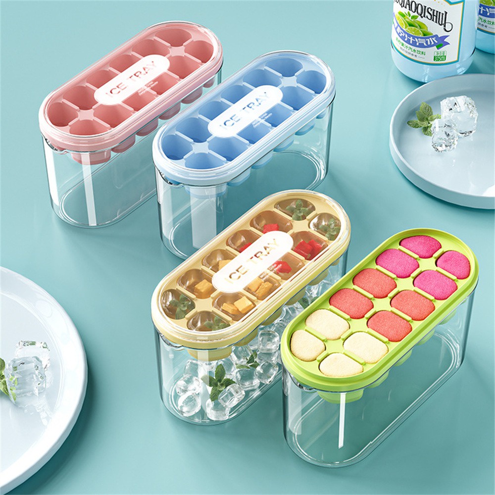 Khay Làm Đá Bằng Silicon Đế Mềm Có Nắp Đậy Tiện Lợi