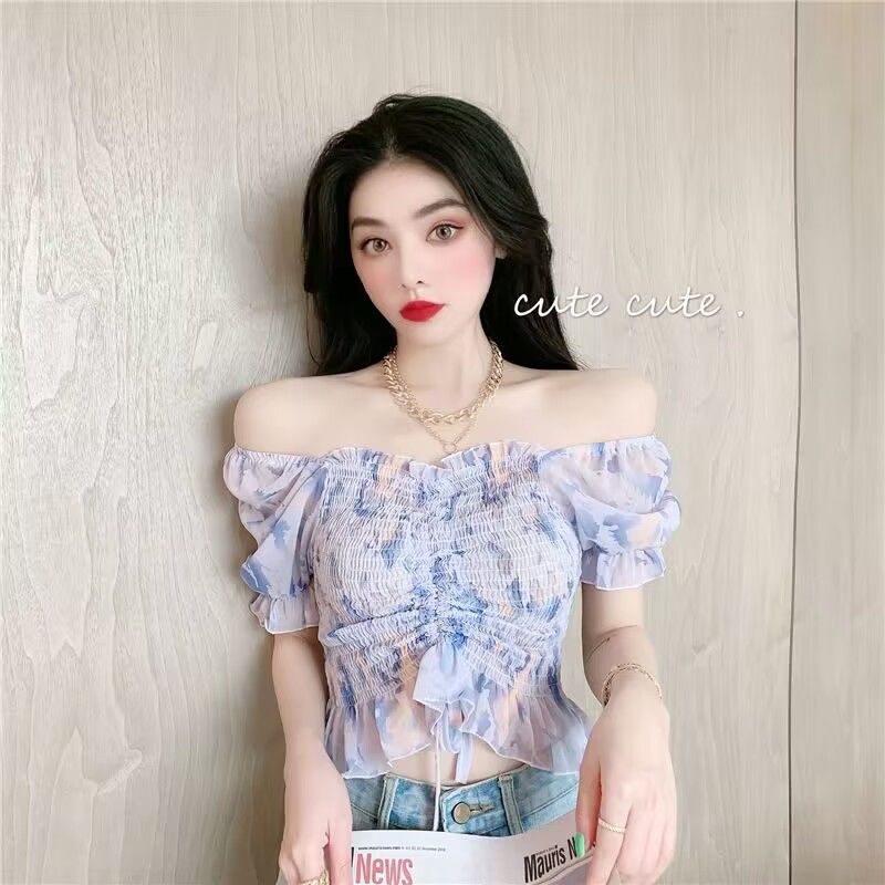 Áo Chiffon Tay Phồng Xếp Ly Phối Dây Rút Phong Cách Hàn Quốc Thời Trang Mùa Hè Xinh Xắn Cho Nữ