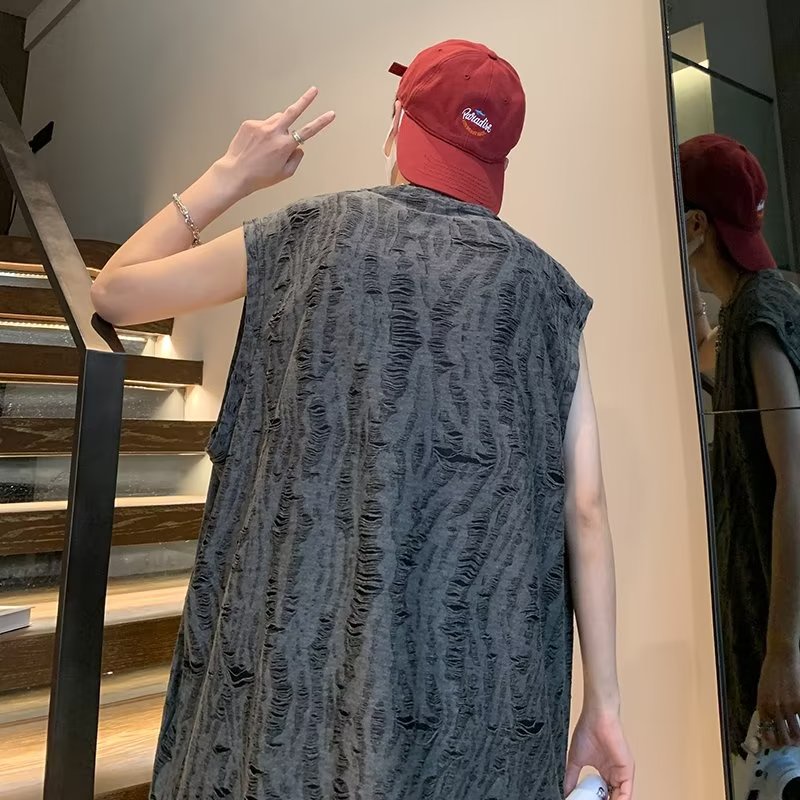 Áo Thun Sát Nách Rách Cá Tính Trẻ Trung Phong Cách Retro Cho Nam