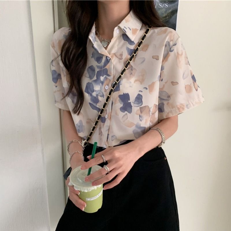 COZOK Áo Sơ Mi Tay Ngắn Dáng Rộng In Họa Tiết vintage Thời Trang Hàn Quốc