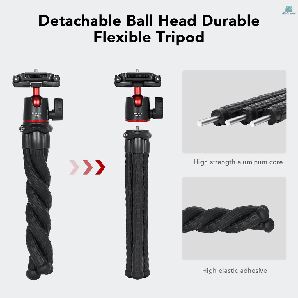 Andoer MT40 Flexible Octopus Tripod Stand Desktop Vlog Bracket 360° Rotatabble with 1/4 Inch Screw &amp; Phone Holder 2-in-1 Platform Cold Shoe Mount for Smartphone Camera Vlog Selfie Live Streaming