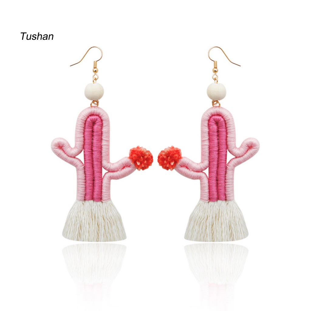 1 Đôi Bông Tai Móc Hình Cây Xương Rồng Bằng Dây Thừng Cotton Phong Cách Bohemian