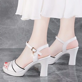 Giày Cao Gót Sandal Đế Thô Màu Trắng Thời Trang Mùa Hè 2023 Cho Nữ