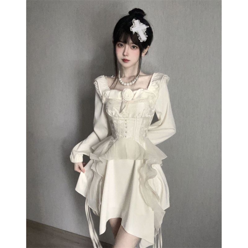 Đầm Chữ a Tay Dài Dáng Ngắn Màu Trơn Phong Cách Phương Tây Thời Trang Xuân Thu Cao Cấp