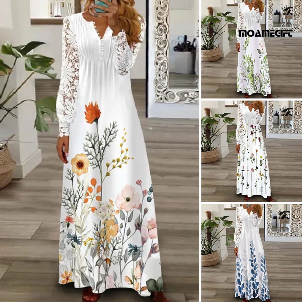 Đầm Maxi Dáng Chữ A Xếp Ly Tay Dài Cổ Chữ V Phối Ren Hoa Vintage Thích Hợp Đi Tiệc
