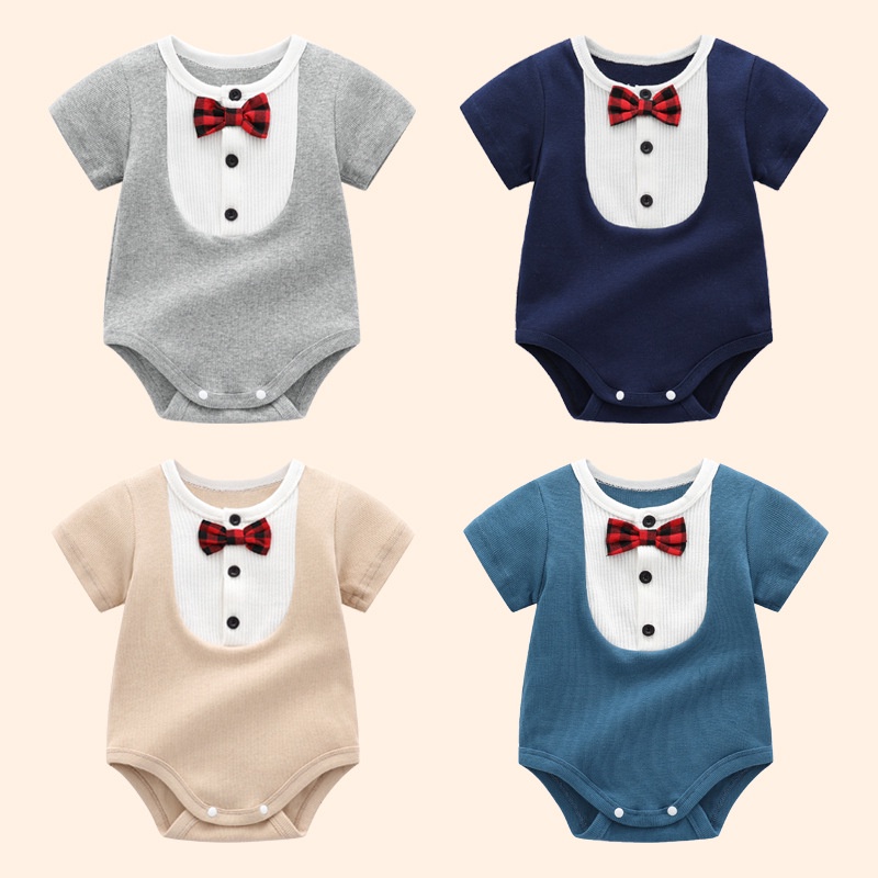 Bộ Áo Liền Quần Cotton Ngắn Tay Đính Nơ Thời Trang Mùa Hè Cho Bé Trai