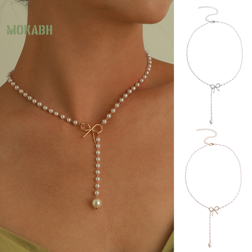 Vòng Cổ Chuỗi Hạt Ngọc Trai / Nơ Tua Rua Dài Bằng Hợp Kim Màu Vàng / Bạc Dễ Thương Xinh Xắn