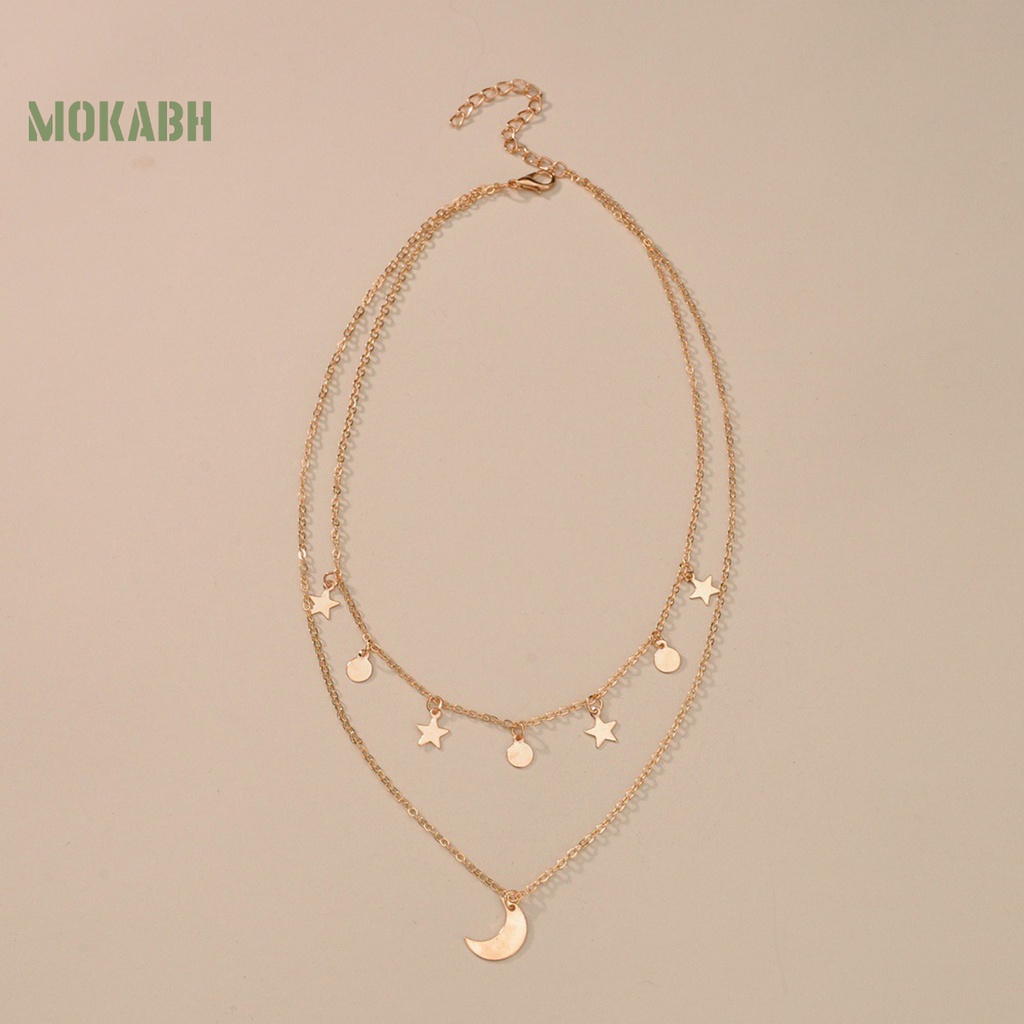 [Mới] Vòng cổ Hai Lớp Mặt Hình Ngôi Sao Mặt Trăng Bằng Kim Loại Có Thể Điều Chỉnh Không Gây Dị Ứng