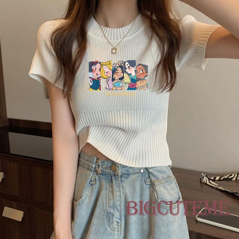 Áo Croptop Dệt Kim Tay Ngắn In Họa Tiết Nhân Vật Hoạt Hình Thời Trang Mùa Hè Cho Nữ