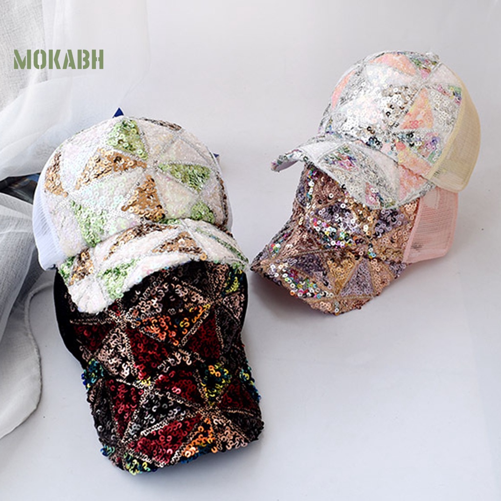 [Mok Abh] Mũ Lưỡi Trai Chống Nắng Phối Lưới Thoáng Khí Đính Kim Sa Lấp Lánh Thời Trang