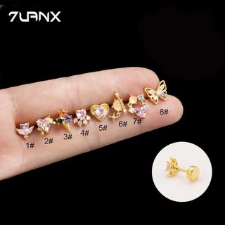 7uanX 1 Khuyên Tai Helix Lobe Tròn Bằng Thép Không Gỉ Đính Đá Zircon Màu Hồng Trái Tim Bướm