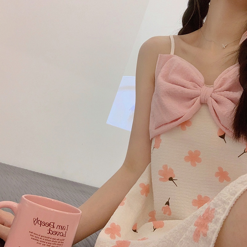 Đầm Ngủ Hai Dây Có Đệm Ngực Tháo Rời Được Bằng Vải Cotton Dệt Phong Cách Công Chúa Ngọt Ngào Dành Cho