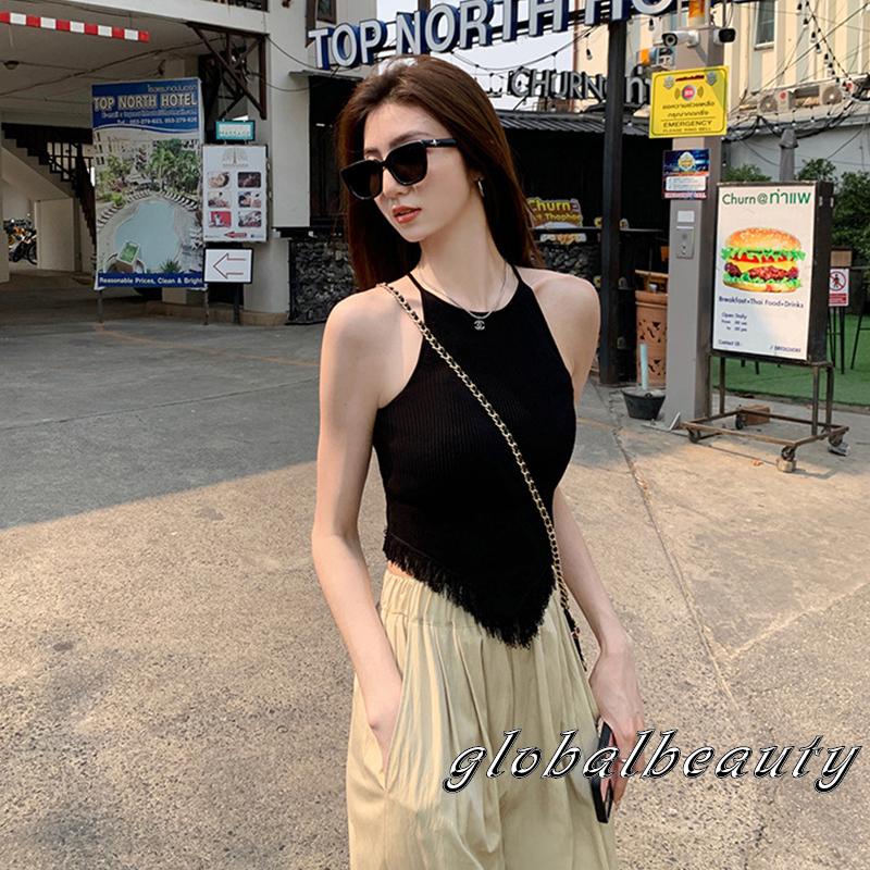 Áo Croptop Dệt Kim Không Tay Viền Tua Rua Hở Lưng Thời Trang Mùa Hè Cho Nữ