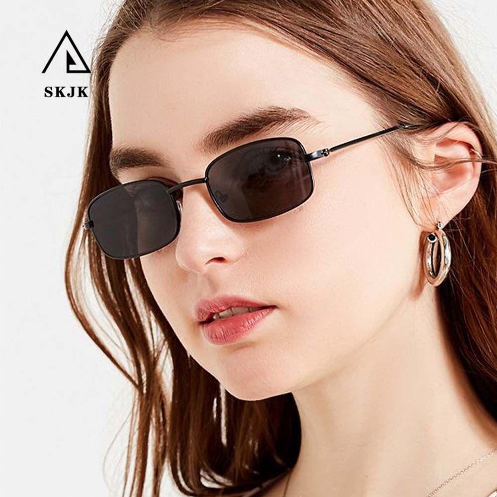 Kính Mát Hình Chữ Nhật Chống Tia UV Màu Hồng Sang Trọng|Kính Mát Gọng Vuông Nhỏ Bằng Kim Loại Nhiều Màu Sắc Phong Cách Hàn Quốc