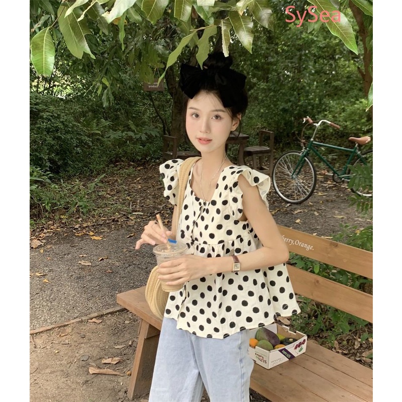 Áo Kiểu Tay Phồng Cổ Vuông Họa Tiết Chấm Bi Phong Cách Pháp