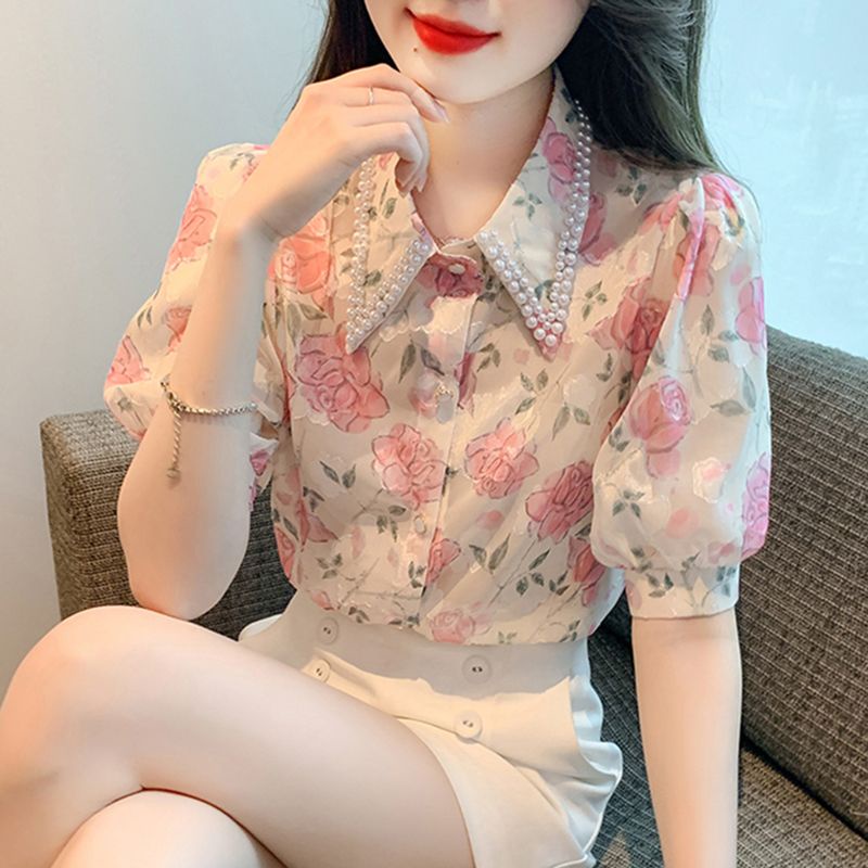 Áo Chiffon Nữ Tay Ngắn In Hoa Mùa Hè Mới