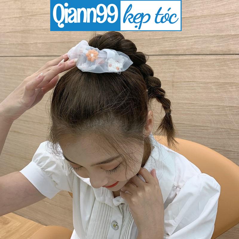 Dây Buộc Tóc Lưới Thêu Hoa Cúc Nhỏ Màu Xanh Dương Dễ Thương Phong Cách Hàn Quốc