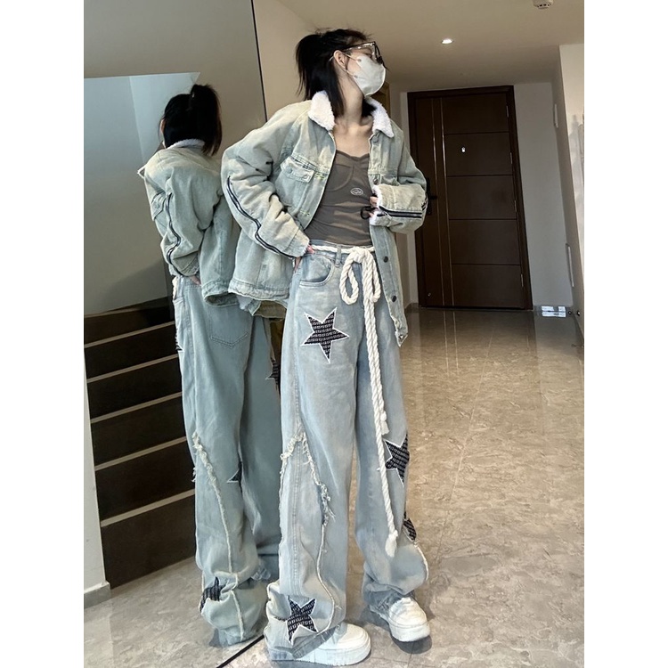 Y2k Quần Jeans Nữ Lưng Cao Ống Rộng Phong Cách Retro Mỹ Cá Tính