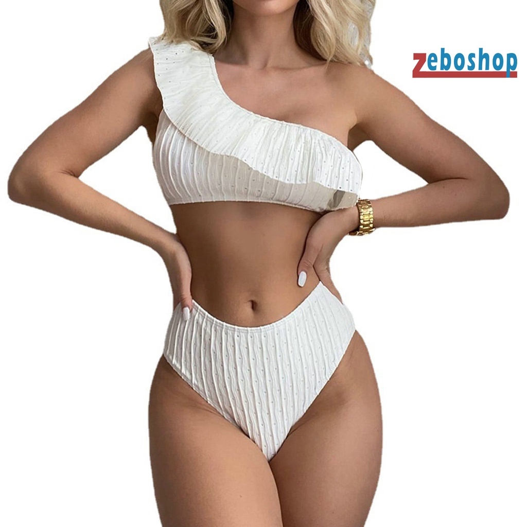 Bộ Đồ Bơi 2 Mảnh Màu Trơn Phối Bèo Và Quần Lưng Cao Mau Khô Thời Trang Cho Nữ