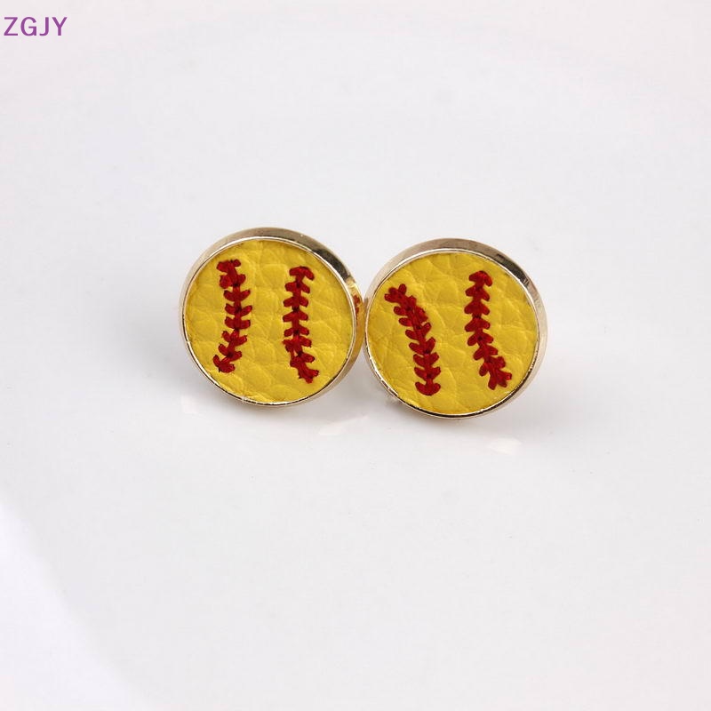 Khuyên Tai Bóng Chày Bằng Da Hình Tròn Mini Thêu Họa Tiết Thời Trang Cho Nữ Mới