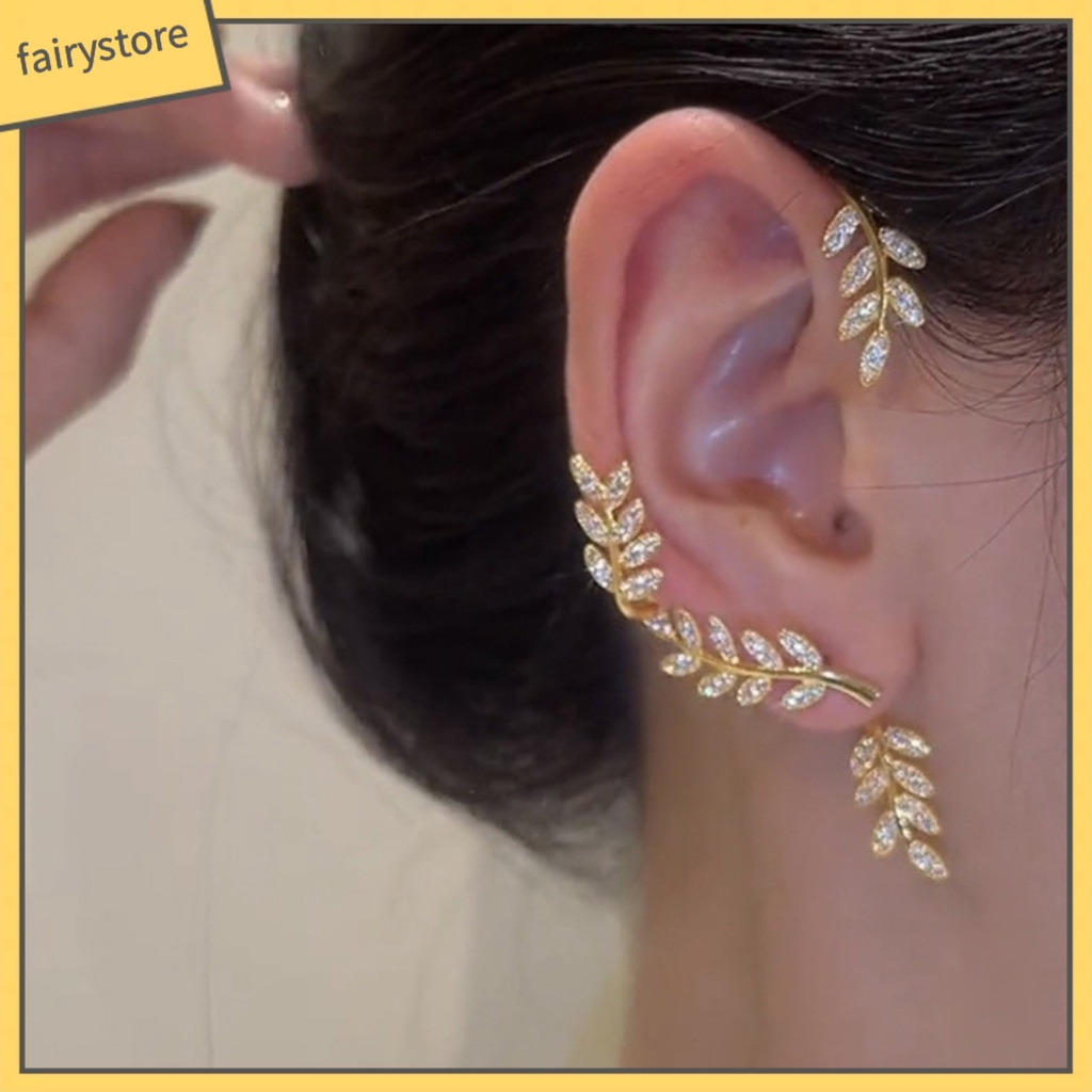 1 Khuyên Kẹp Vành Tai Hình Lá Đính Đá Zircon Tinh Xảo