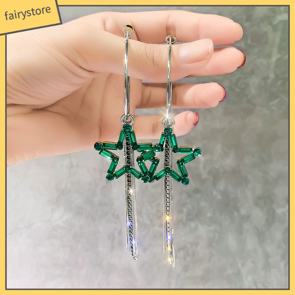 Bông Tai Dạng Vòng Hình Ngôi Sao Năm Cánh Đính Đá Phối Tua Rua Thời Trang Cho Nữ