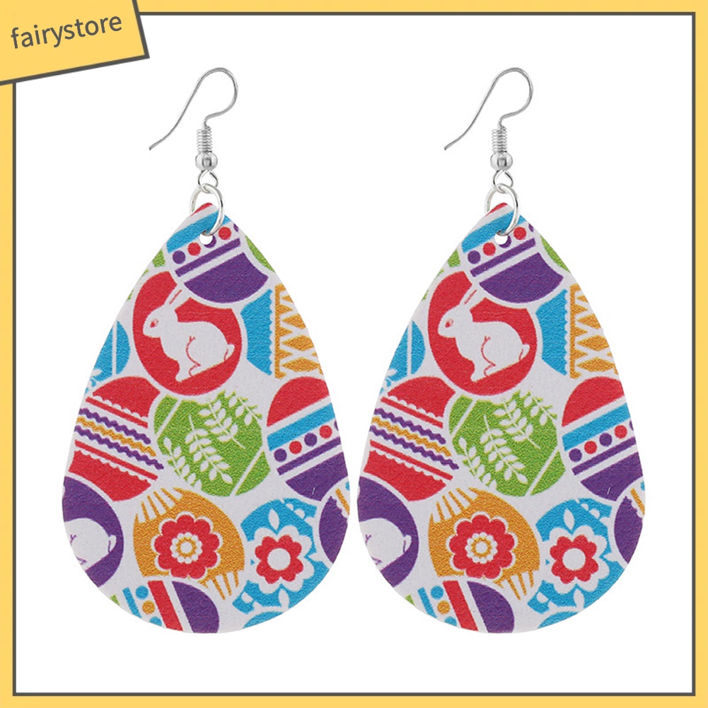 Bông Tai Giả Da Hình Giọt Nước Họa Tiết Thỏ Phục Sinh Dành Cho Nữ