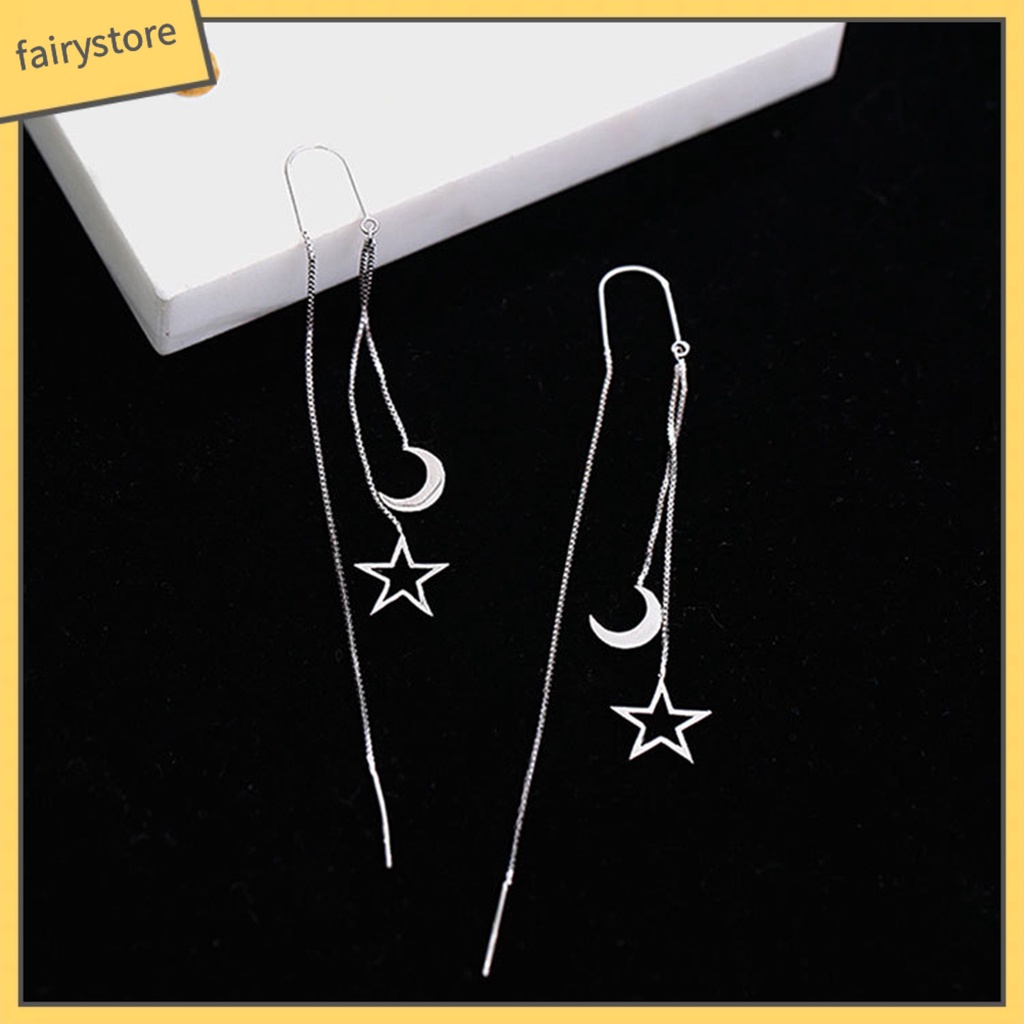 1 Đôi Bông Tai Bạc Dáng Dài Hình Ngôi Sao / Mặt Trăng Thời Trang Dành Cho Nữ