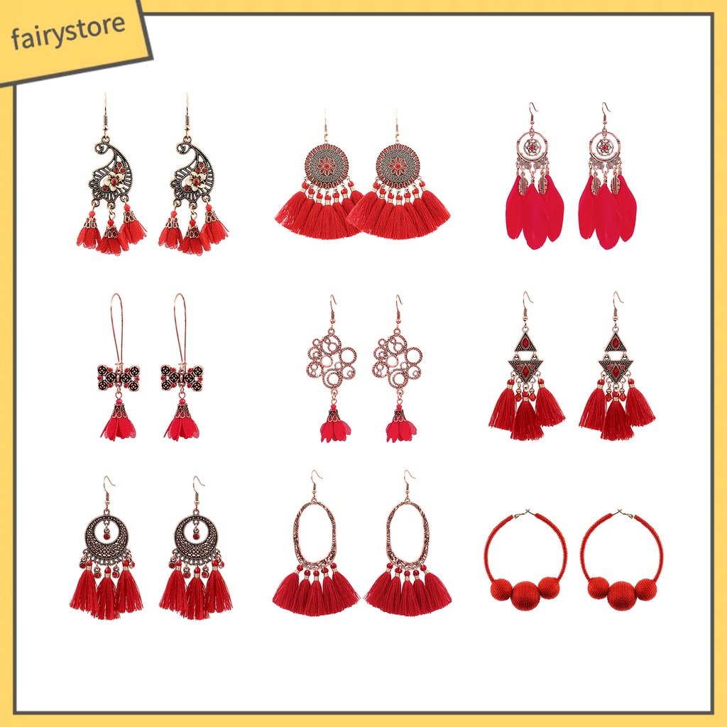 1 Đôi Bông Tai Dáng Dài Phối Tua Rua Màu Đỏ Thời Trang Dự Tiệc Cưới / Lễ Hội Cho Nữ